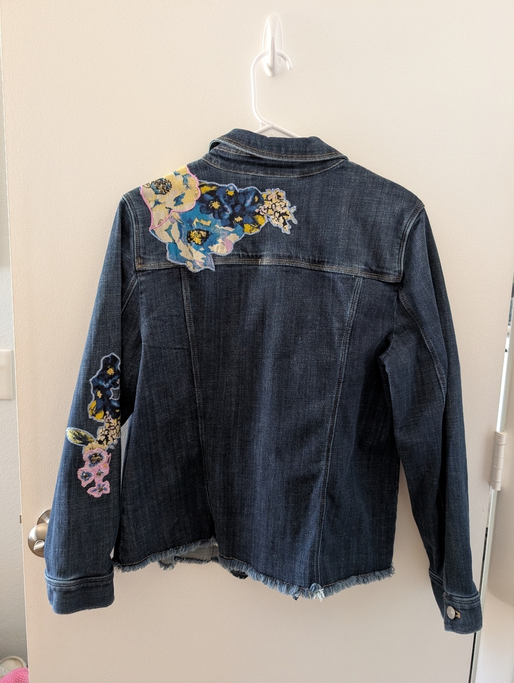 Chico's Dark Wash Denim Jacket with Multicolor Floral Embroidery - Picture 2 of 2